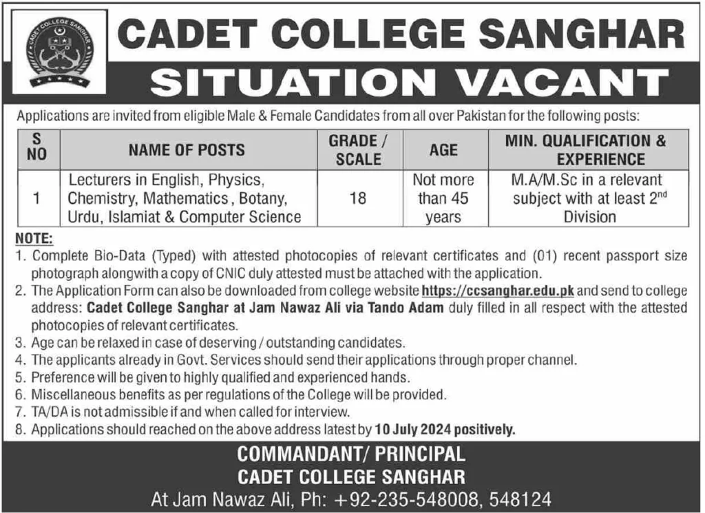 Cadet College Sanghar Jobs 2024