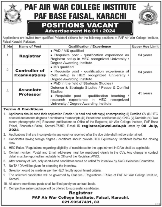 3 PAF Air War College Institute Jobs In Karachi