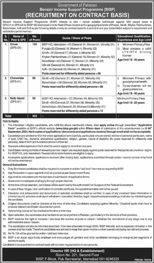 303 Benazir Income Support Programme (BISP) Jobs 2024